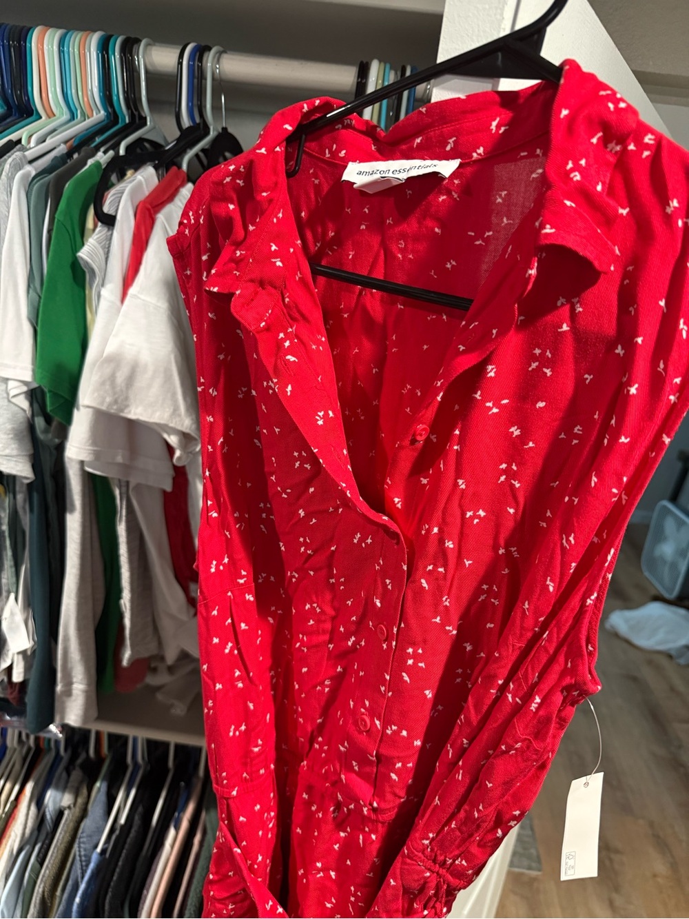 Amazon Essentials Red Cap-Sleeve Button-Front Shirt with White Ditsy Print